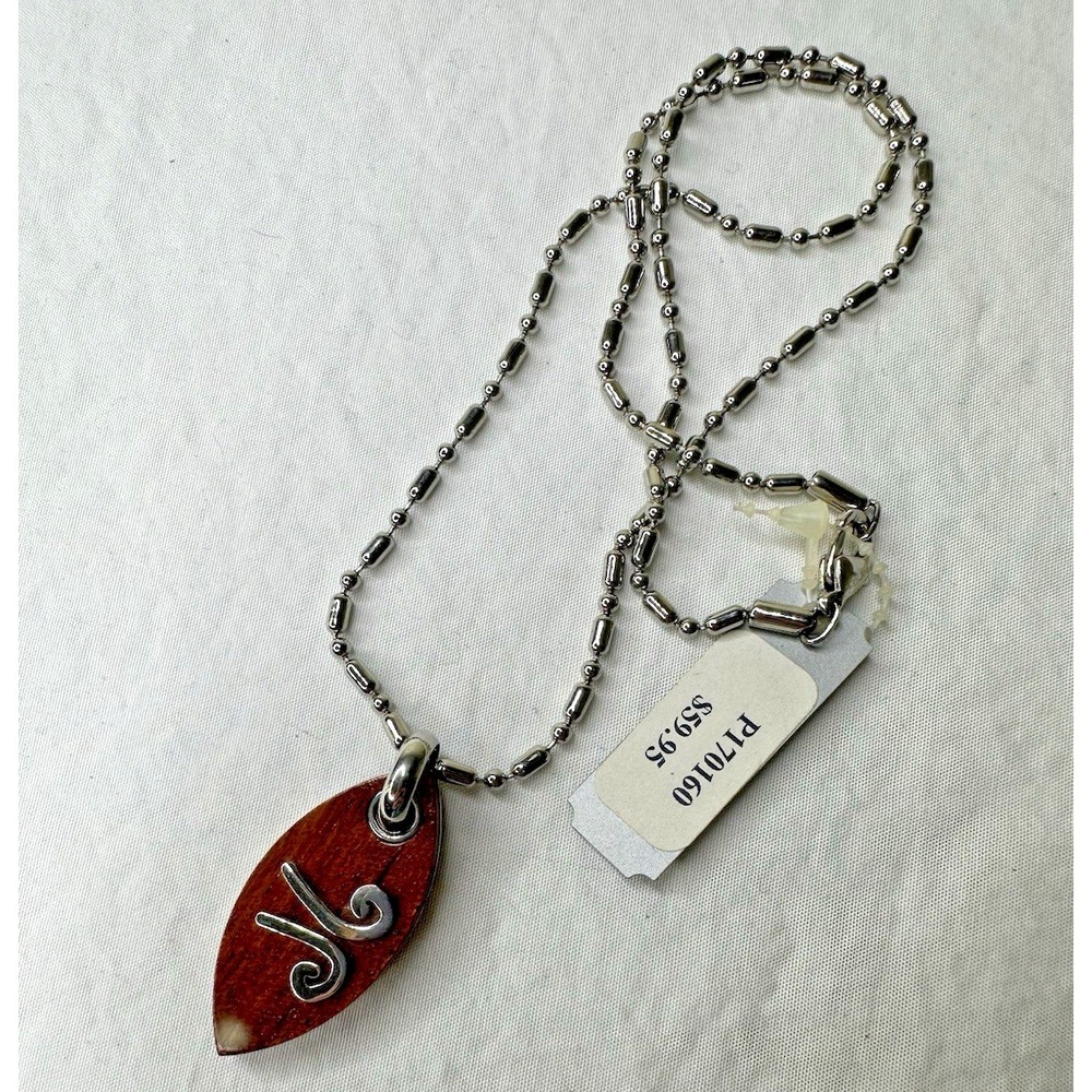 Rochet Elements Wind Necklace Wood Pendant‎ Stainless Steel Ball Chain 18 in